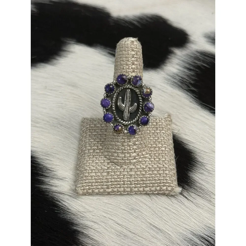 Native American Sterling Silver Purple Mojave Prickly Cactus Story Teller Ring